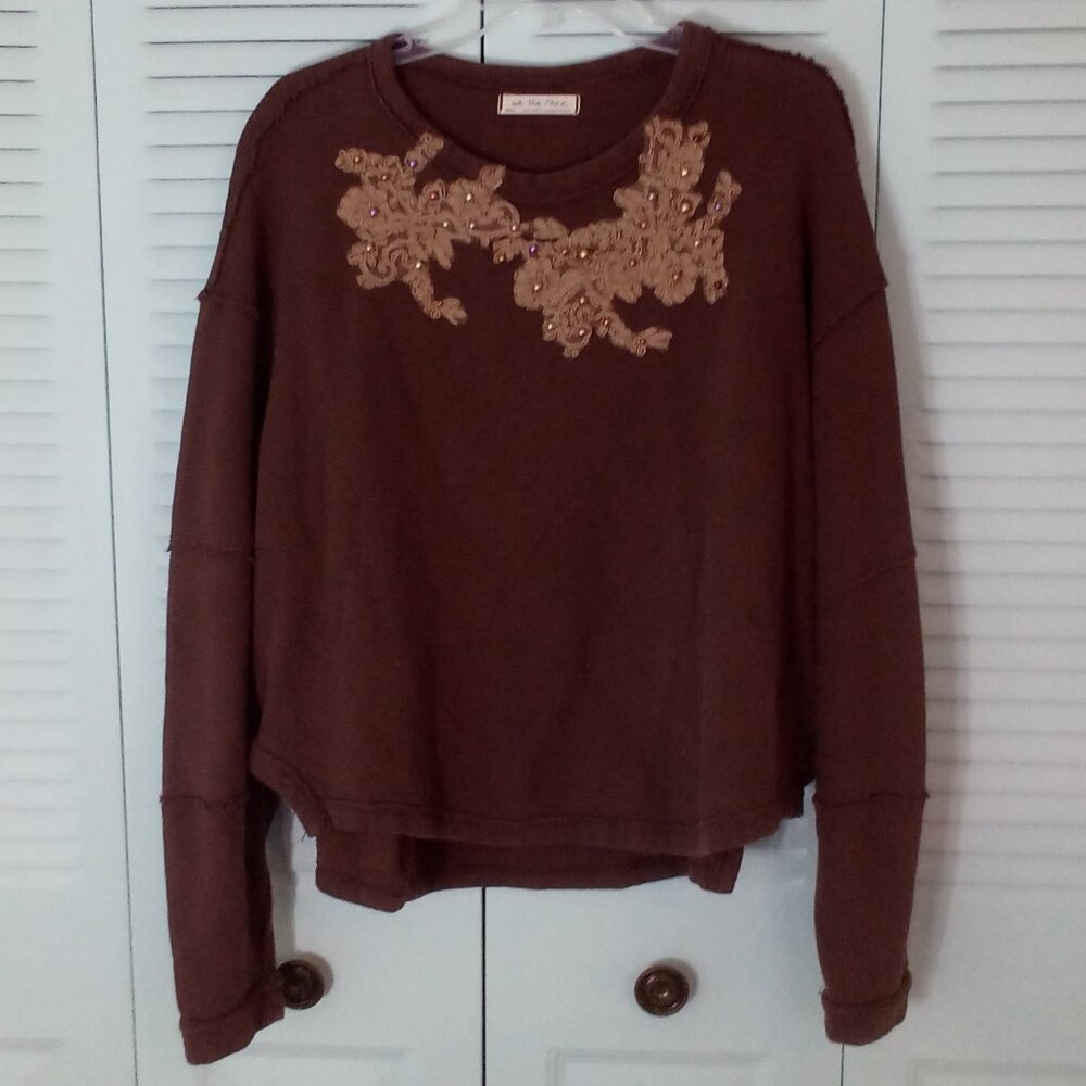 WE THE FREE S OVERSIZED RIBBED LACE BEADED 100% COTTON PUFFED SLEEVES RAW SEAMS